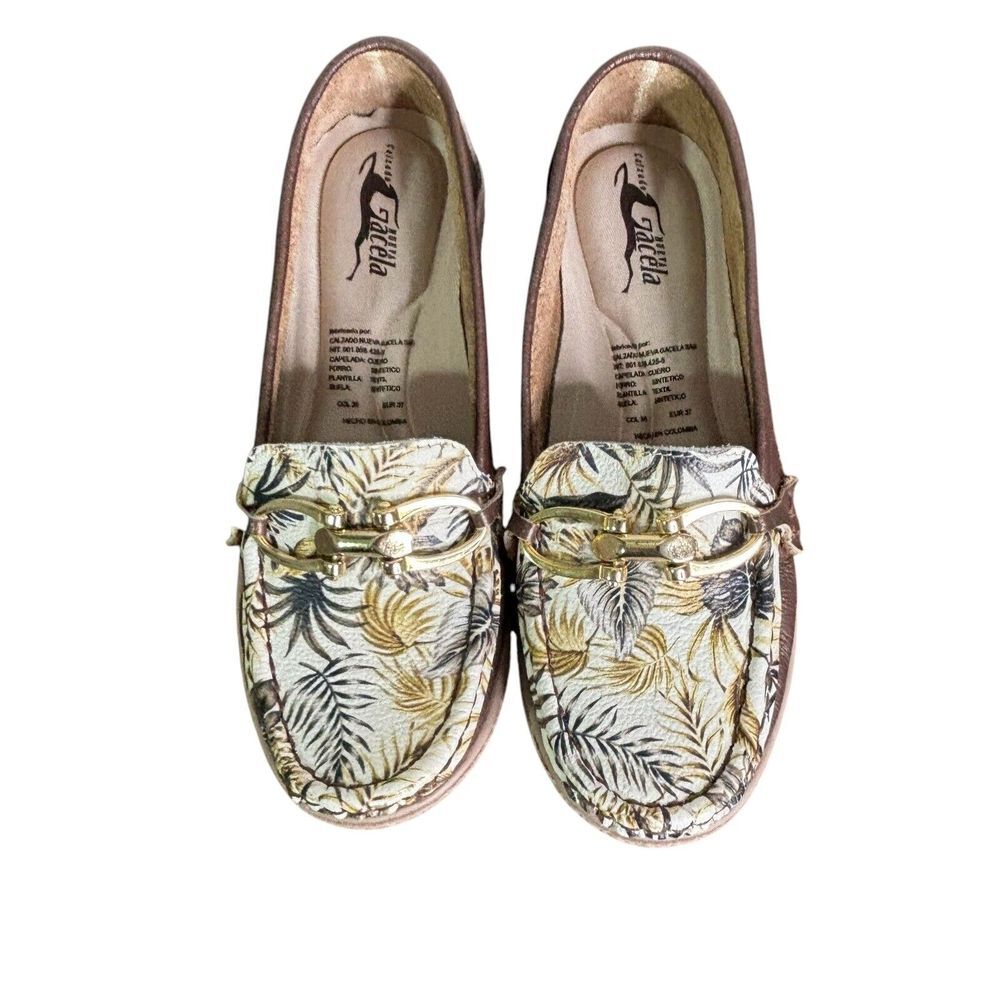 Calzado Shoes Womens Calzado Nueva Gacela SAS Size 6.5 Bronze Slip On Bit Leaves - Picture 2 of 10